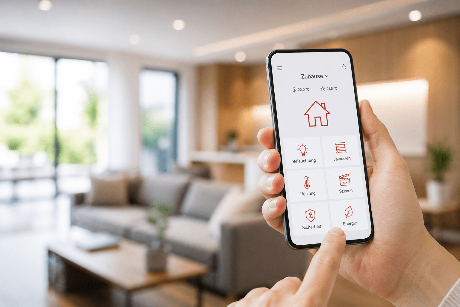 Eine Person steuert ihr Smart Home über eine Smartphone-App. Auf dem Display sind Funktionen wie Beleuchtung, Heizung, Jalousien, Sicherheit und Energiemanagement zu sehen. Im Hintergrund befindet sich ein modernes, helles Wohnzimmer mit offener Wohnküche. Das Bild veranschaulicht die komfortable und zentrale Steuerung vernetzter Gebäudetechnik.