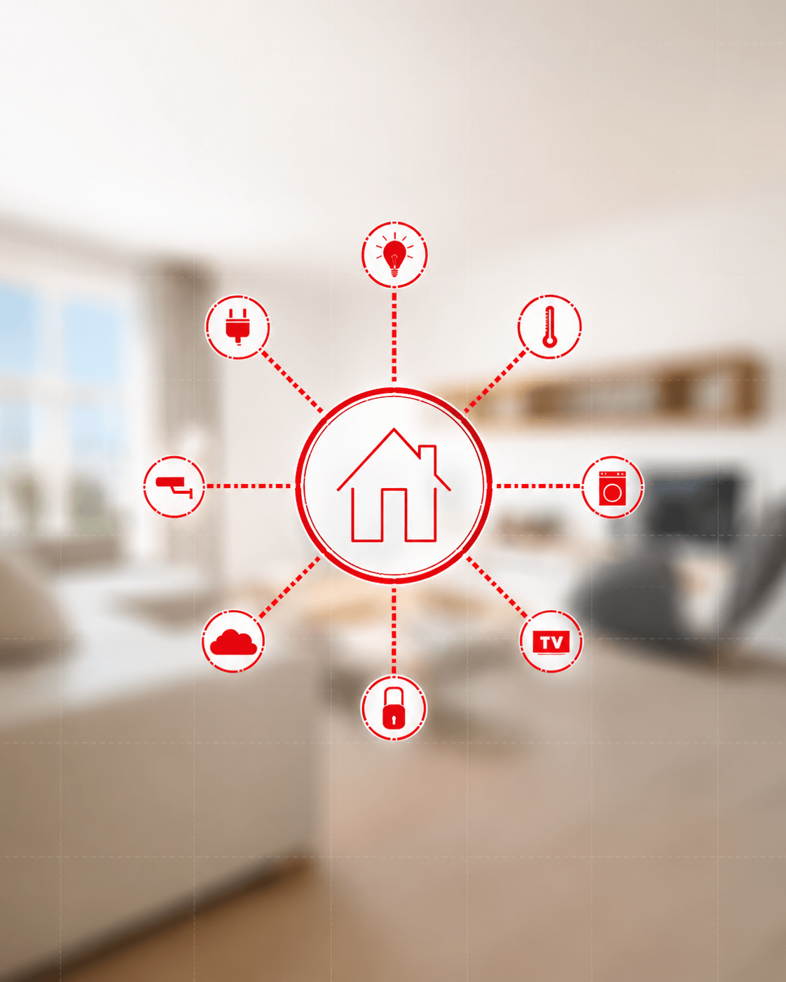 Moderne Smart-Home-Grafik in den Fischer-Farben Rot und Weiß. Im Zentrum befindet sich ein Haus-Symbol, das über rote Verbindungslinien mit verschiedenen Smart-Home-Funktionen vernetzt ist, darunter Beleuchtung, Steckdose, Temperatursteuerung, Waschmaschine, Fernseher, Sicherheitssystem, Cloud und Überwachungskamera. Im Hintergrund ist ein heller, unscharfer Wohnraum zu sehen.
